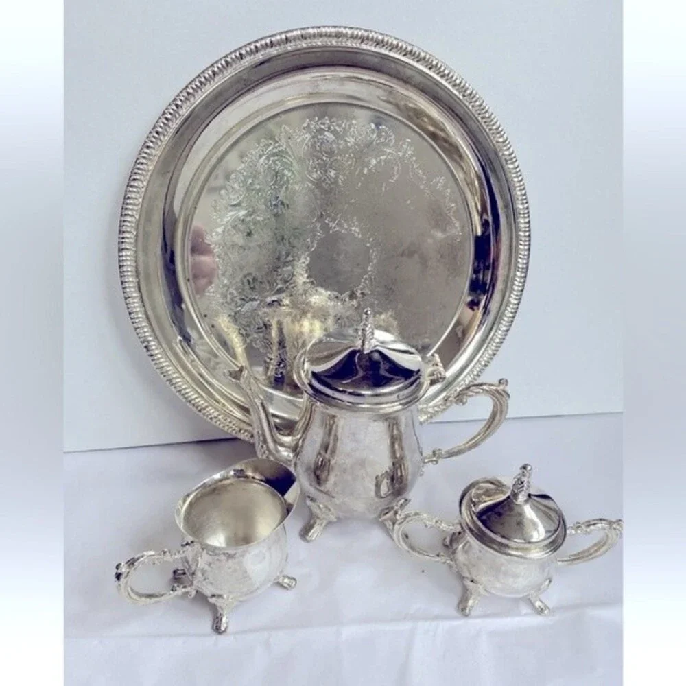 VTG Silver Plate Small 4 piece Coffee Set Teapot Creamer Sugar Bowls & Tray